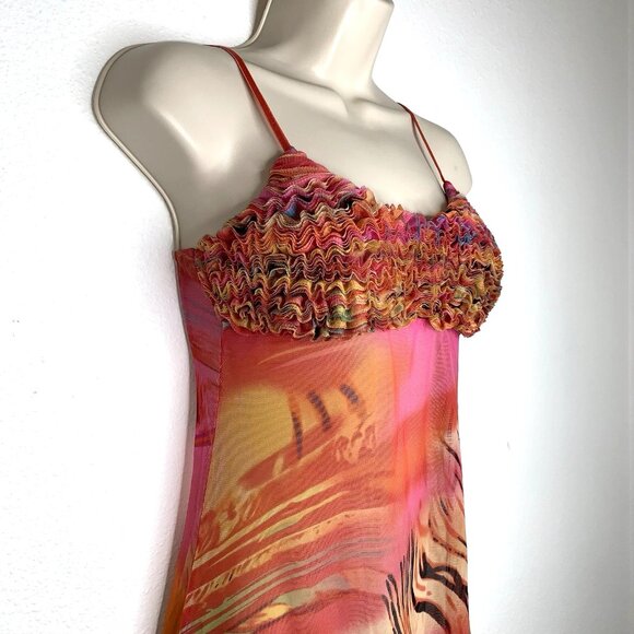 Y2K Sheer Watercolor Mesh RUFFLE Babydoll TOP S Chemise Tank Slip Dress Coquette - Picture 2 of 6